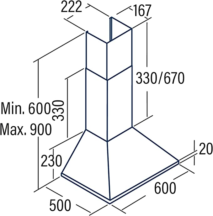 Diagrama de una campana extractora con dimensiones en milímetros. Es un contorno blanco sobre un fondo blanco.