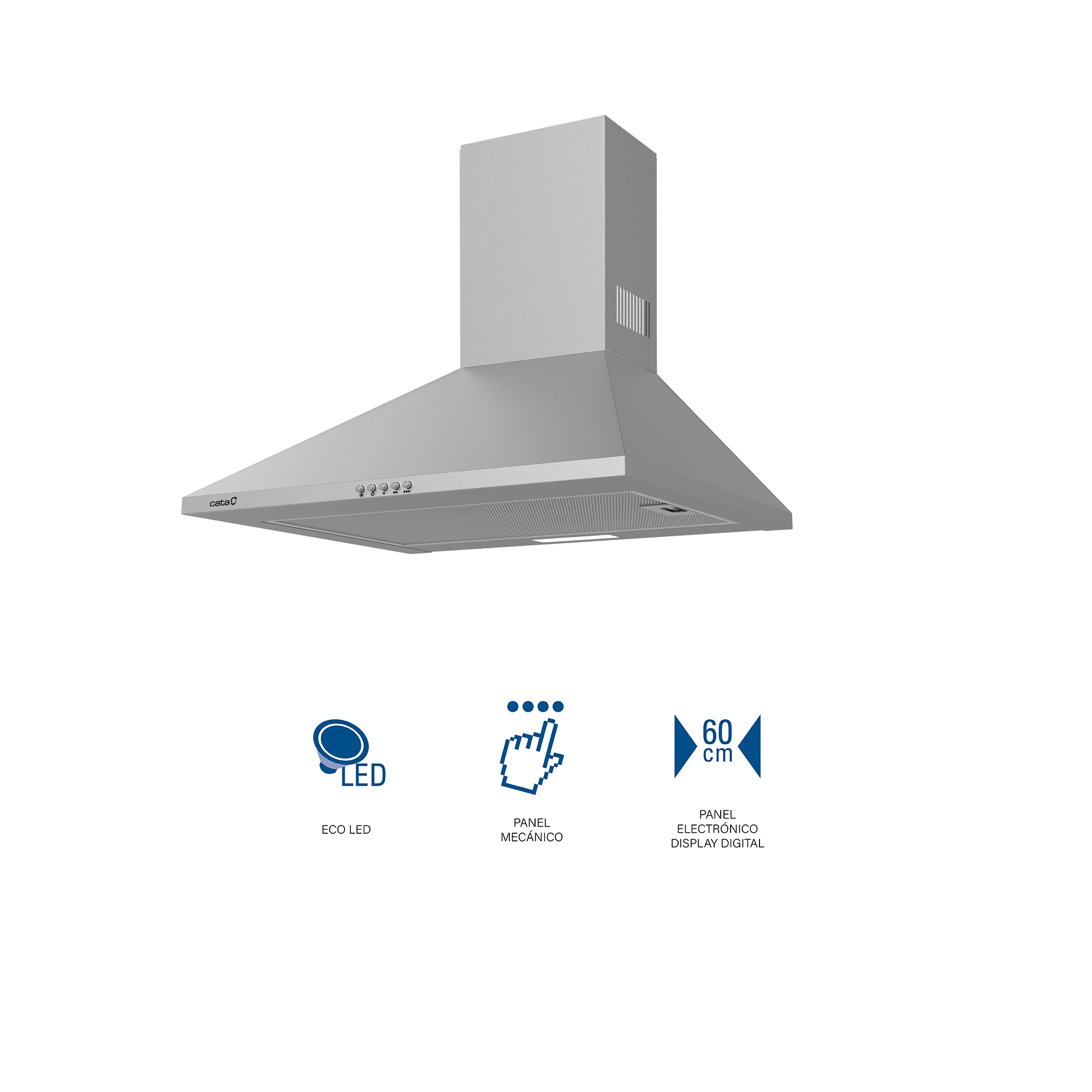 Una campana extractora plateada con botones de control y tres iconos debajo.