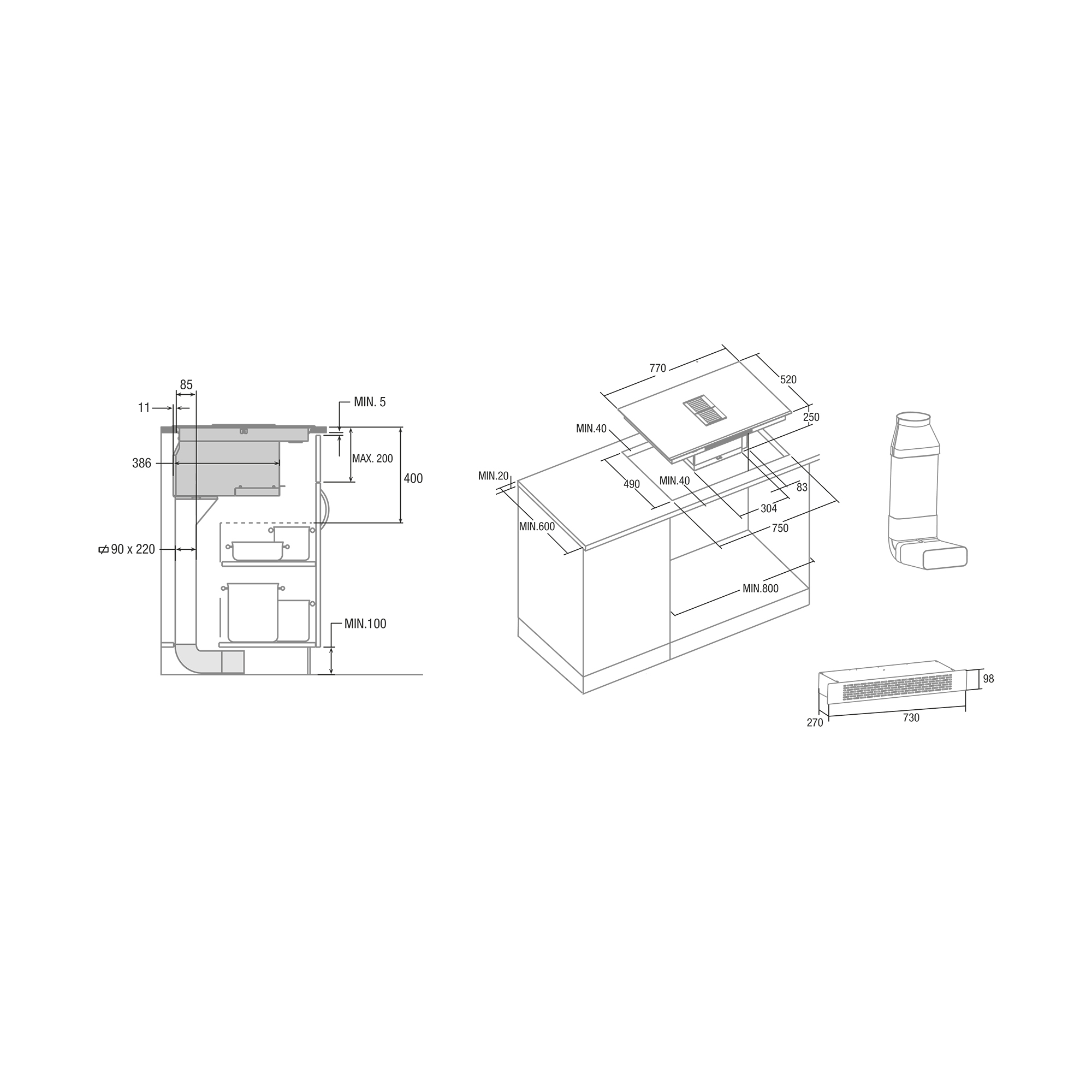 Dibujo técnico de una campana extractora con dimensiones y medidas.