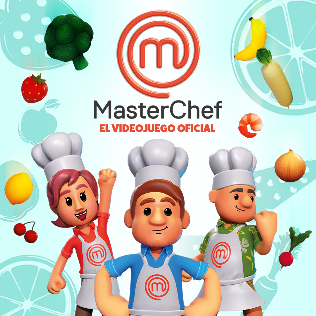 Promoción del juego MasterChef. Tres chefs de dibujos animados con iconos de comida alrededor del logo.