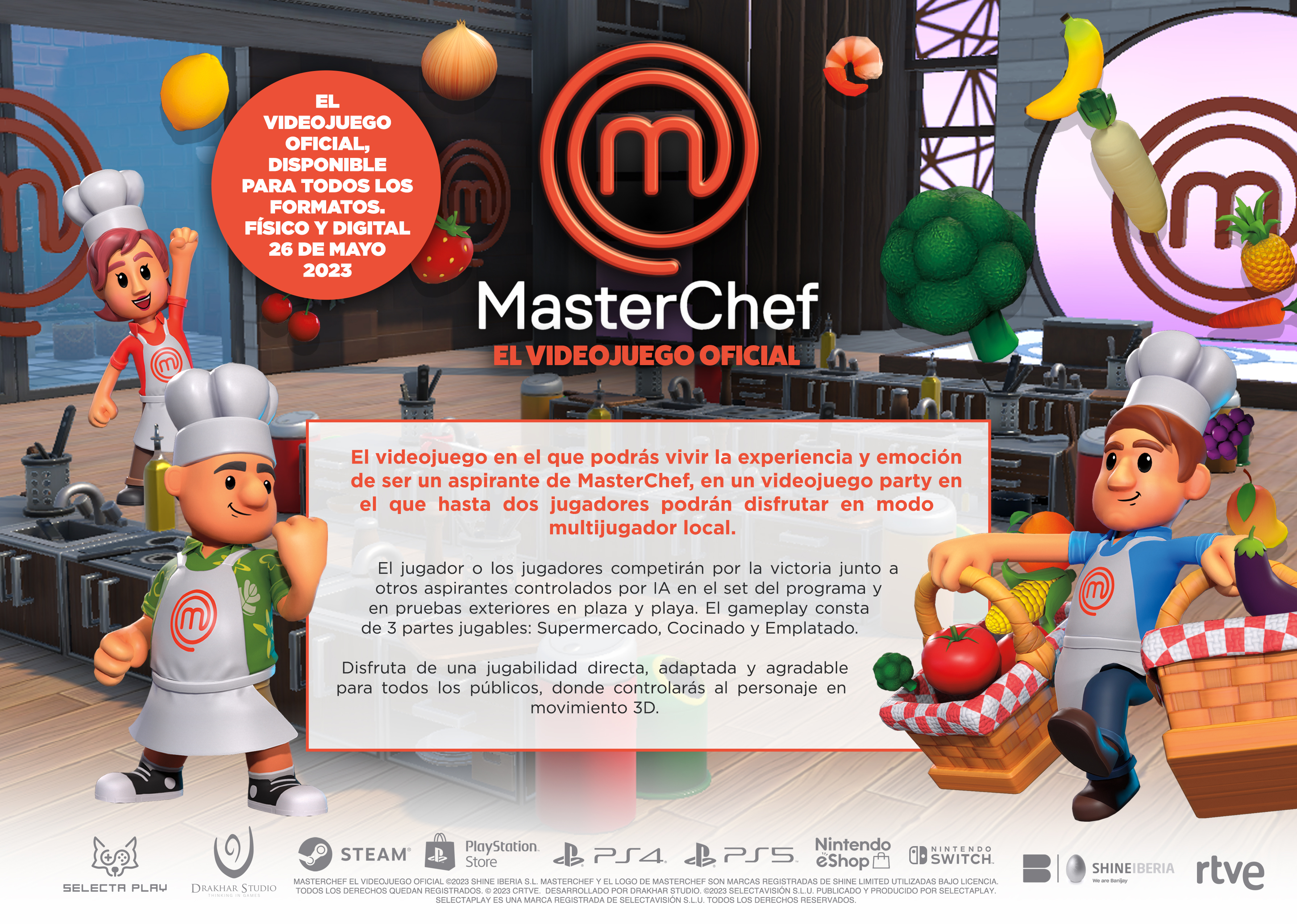 Anuncio del juego MasterChef con personajes de dibujos animados y logotipos de juegos.