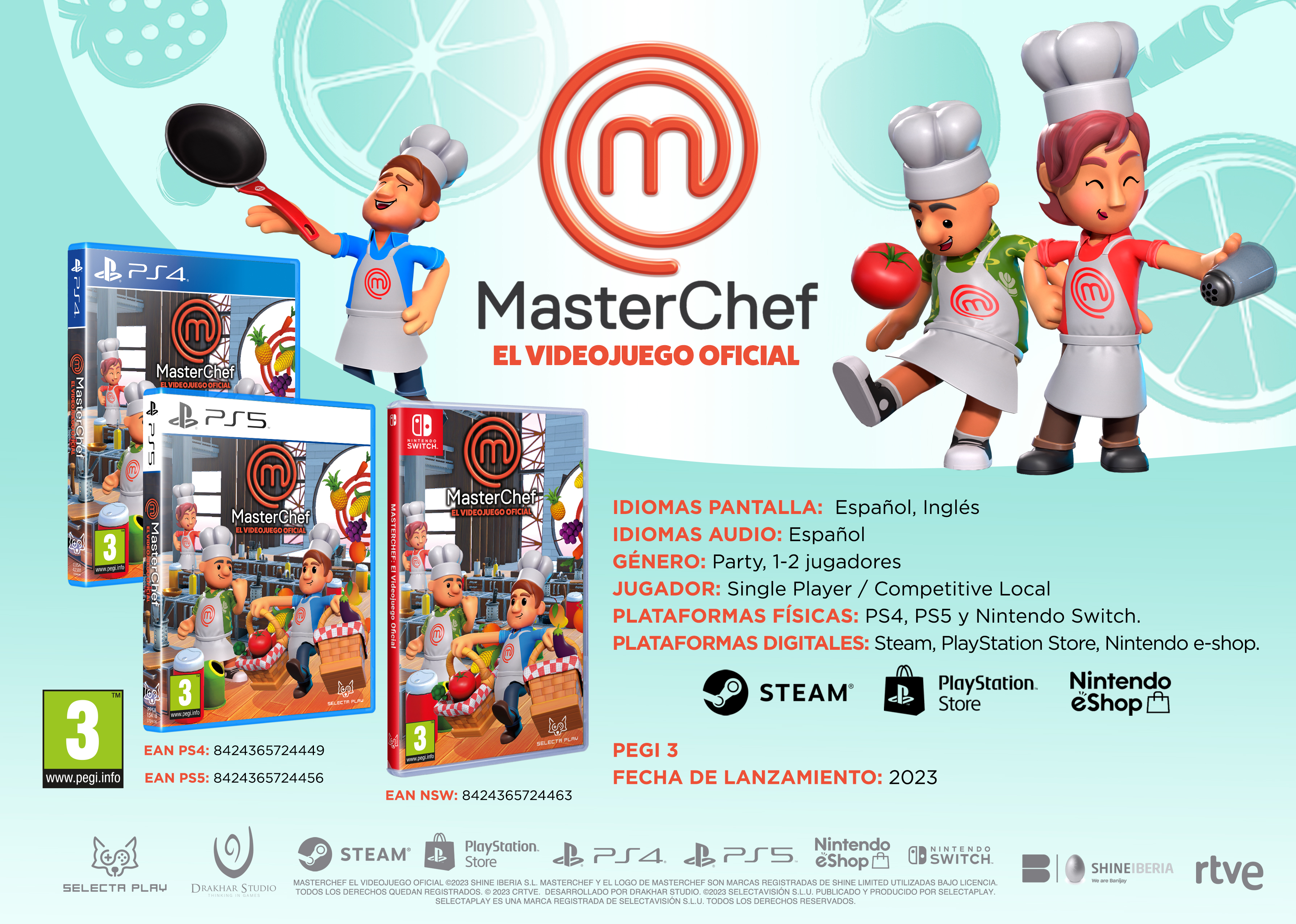 Arte de la caja del videojuego MasterChef. Personajes con gorros de chef y delantales sostienen alimentos.