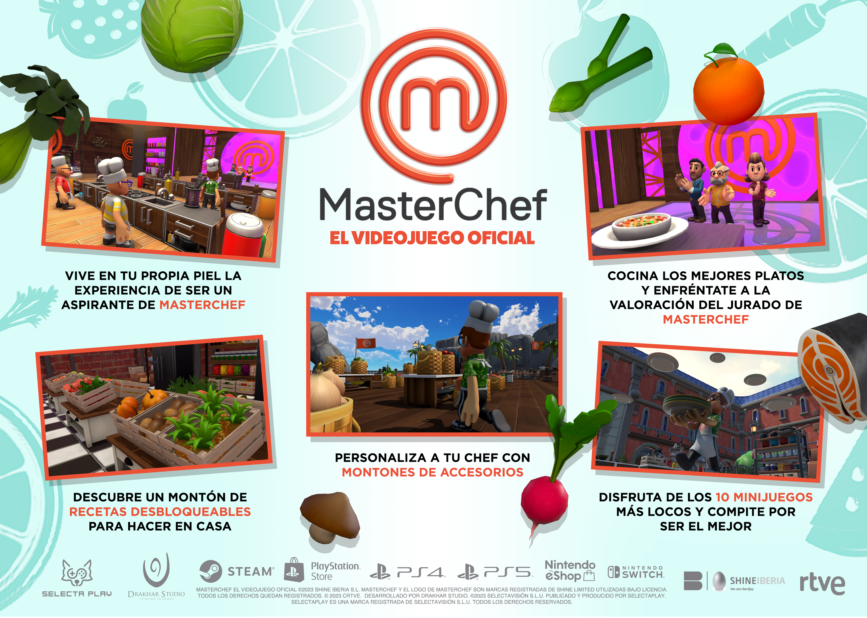 Imagen promocional del videojuego MasterChef con diferentes escenas y personajes del juego.