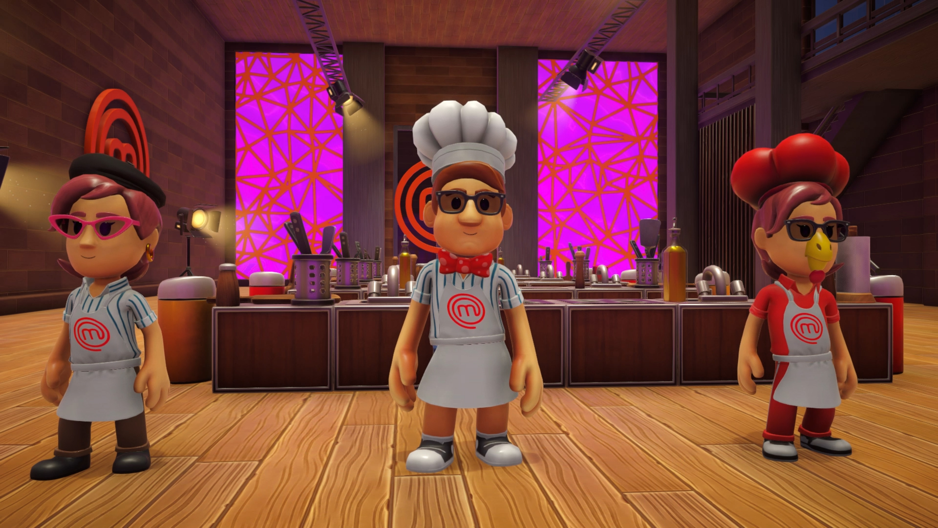 Chefs de dibujos animados en un escenario de MasterChef. Uno con gorro de chef, uno con gafas de sol, uno con cabeza de pollo.