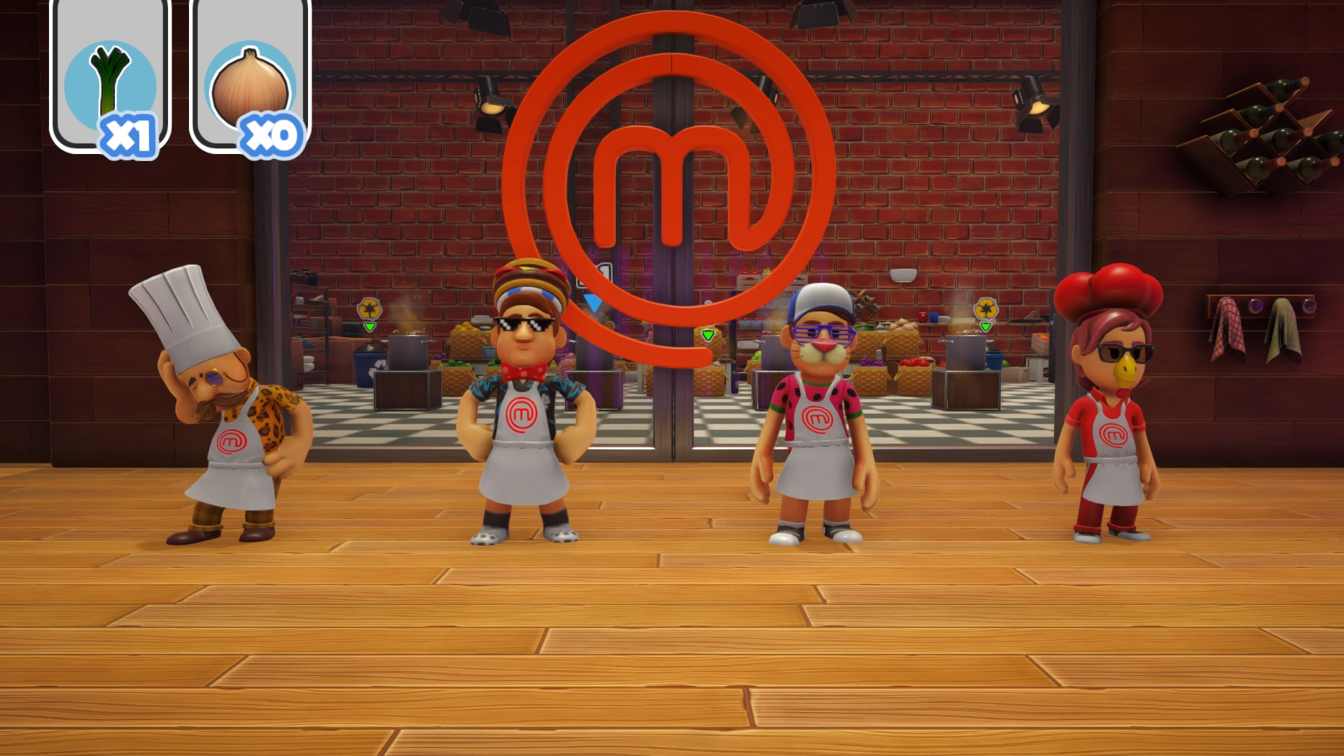 Cuatro chefs de dibujos animados de pie, con un logotipo de MasterChef en el fondo, con equipo de cocina.