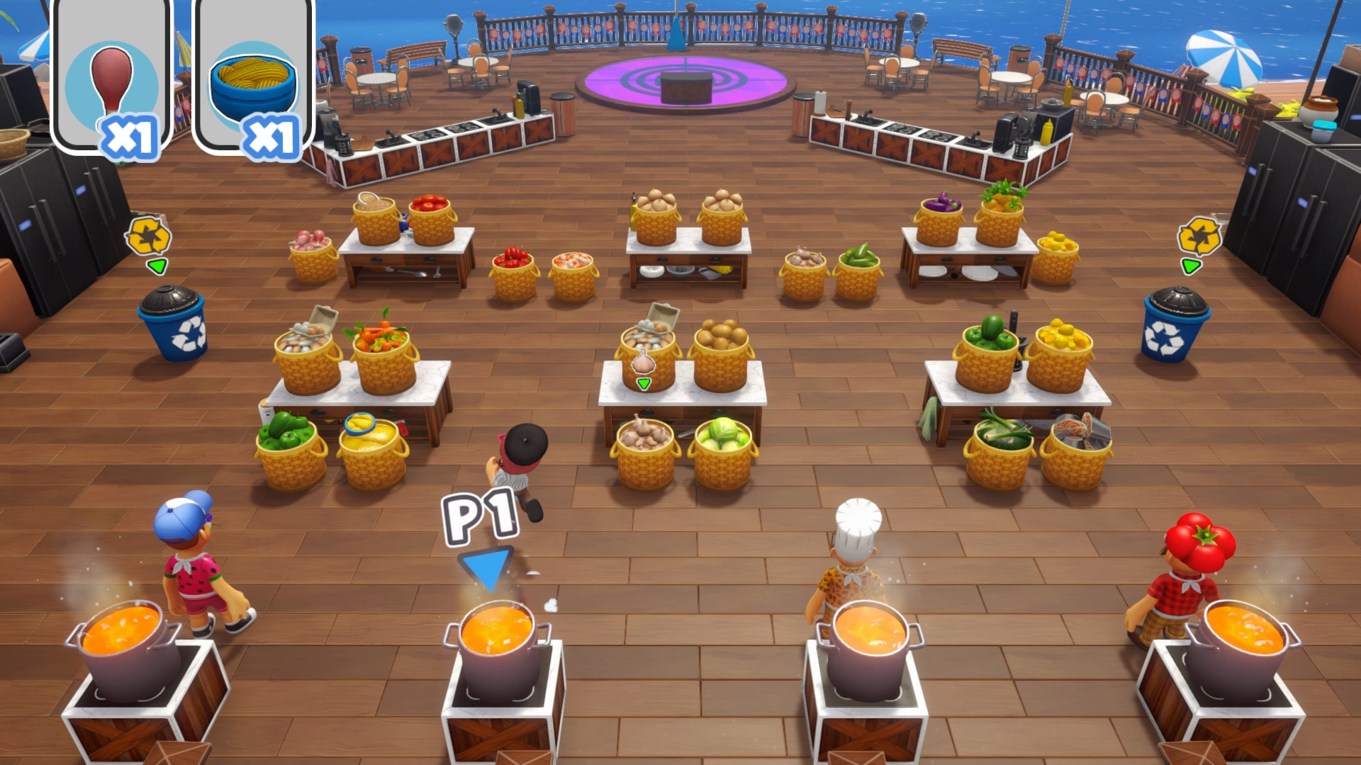 Juego de Overcooked 2. Cocineros preparando comida en un entorno de cocina. Muchos ingredientes son visibles.