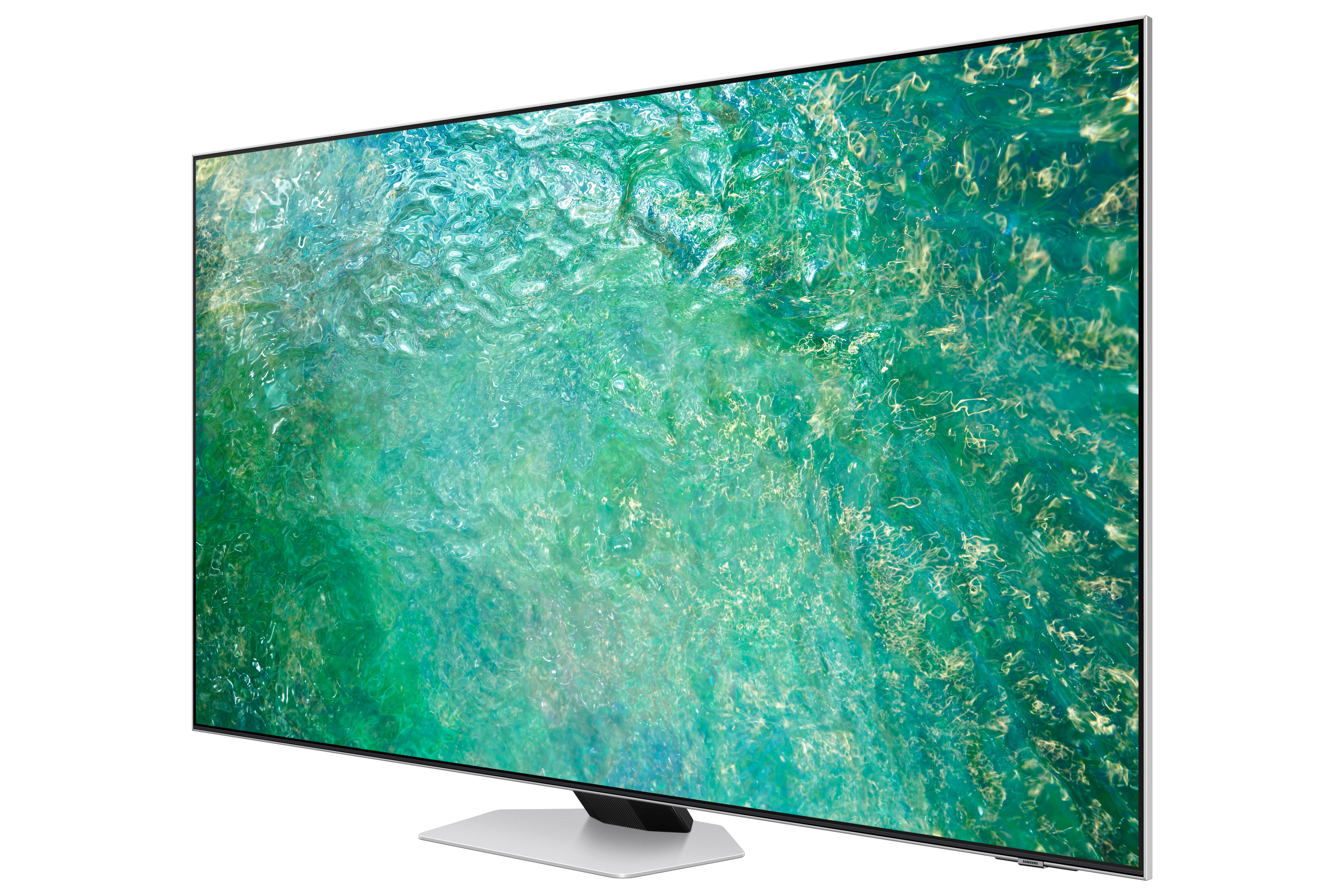 Großer Fernseher mit grün-blauem Wasserbild auf weißem Ständer und Hintergrund.