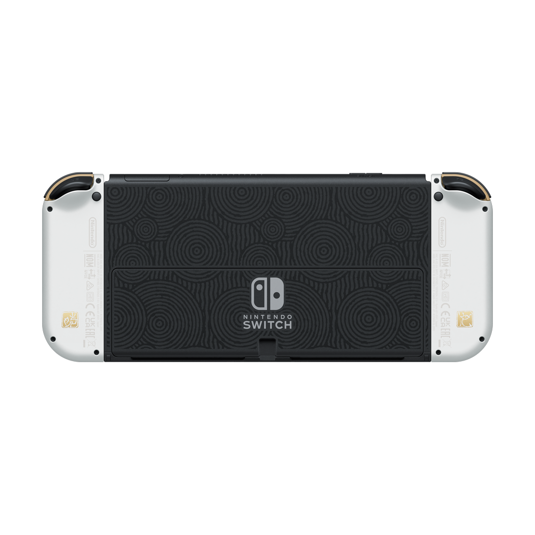 Parte trasera de la consola Switch con diseño, esquema de color blanco y negro.