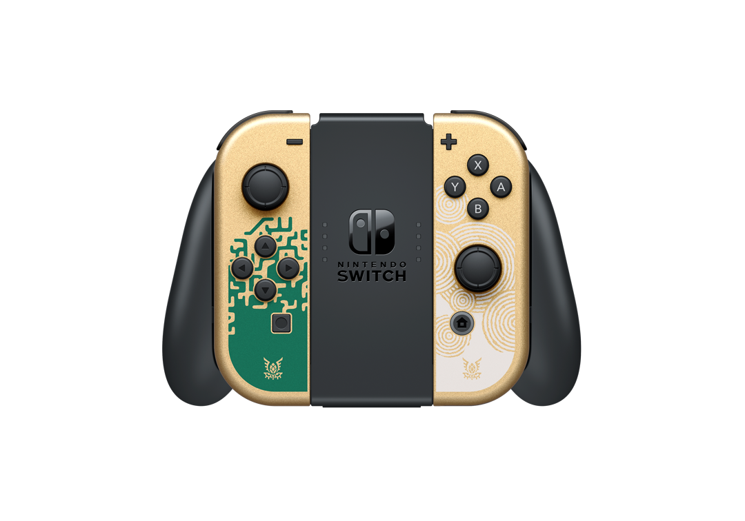 Mandos Joy-Con de Nintendo Switch. Controles dorados y negros con botones y joysticks.
