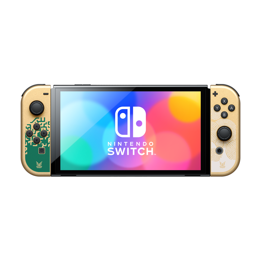 Nintendo Switch con Joy-Cons dorados. La pantalla muestra gráficos coloridos y el logo de Nintendo.
