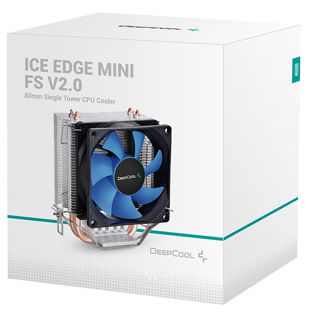 Egy fehér doboz CPU-hűtővel, benne egy kék ventilátorral és hőcsövekkel, 'ICE EDGE MINI FS V2.0' felirattal.