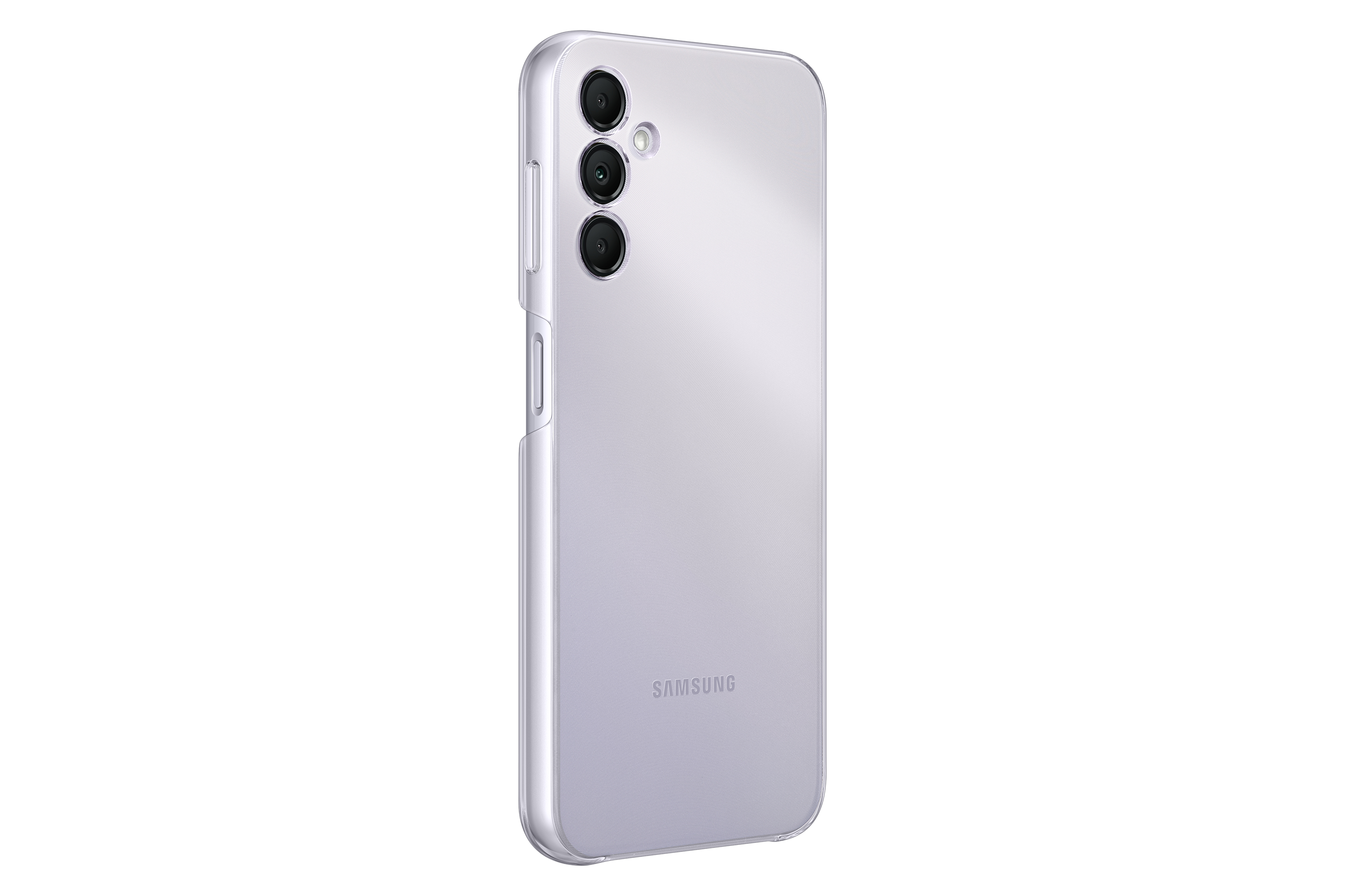 Funda de teléfono lavanda con tres cámaras. Vista trasera, fondo blanco.