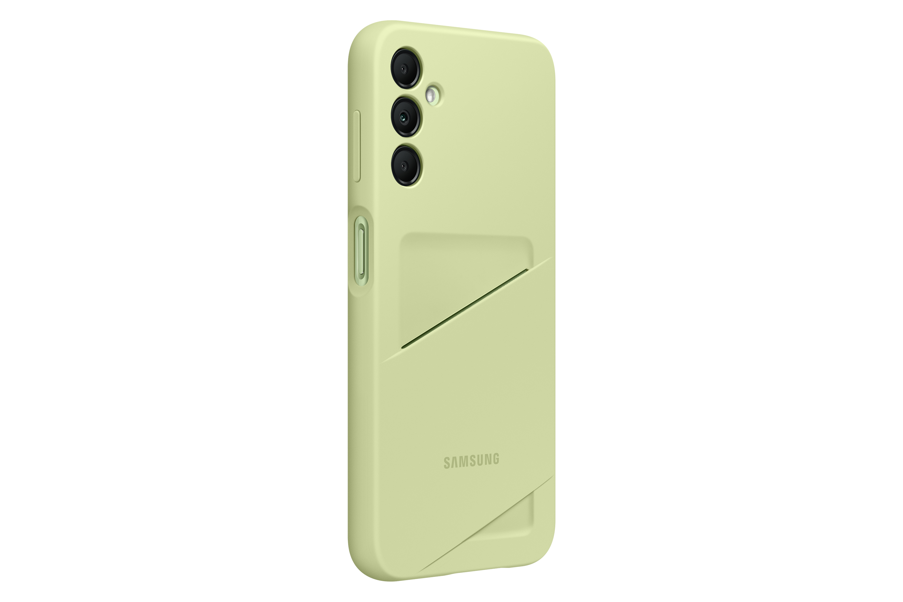 Una funda de teléfono verde claro con ranura para tarjeta y tres lentes de cámara.