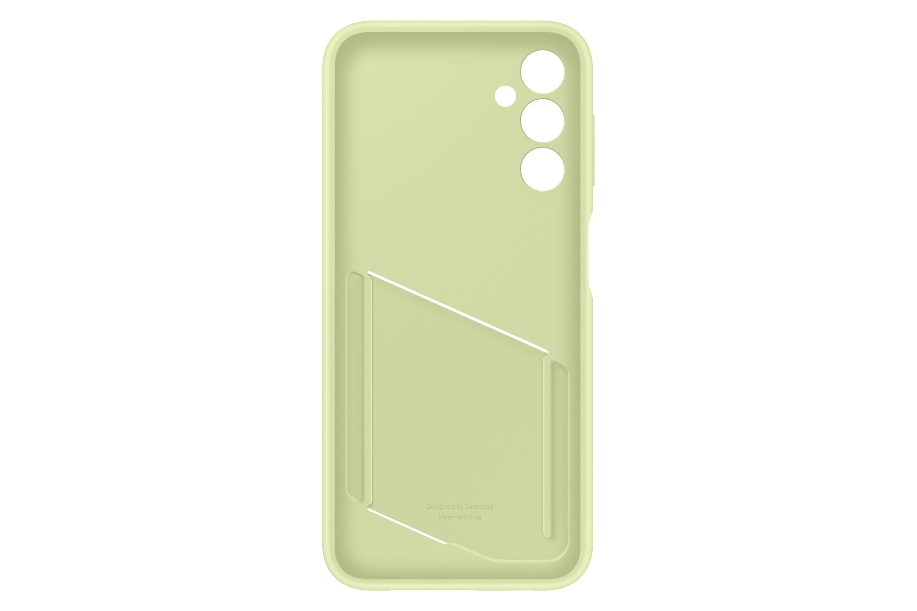 Funda de teléfono verde claro, con recortes de cámara y ranura para tarjeta.
