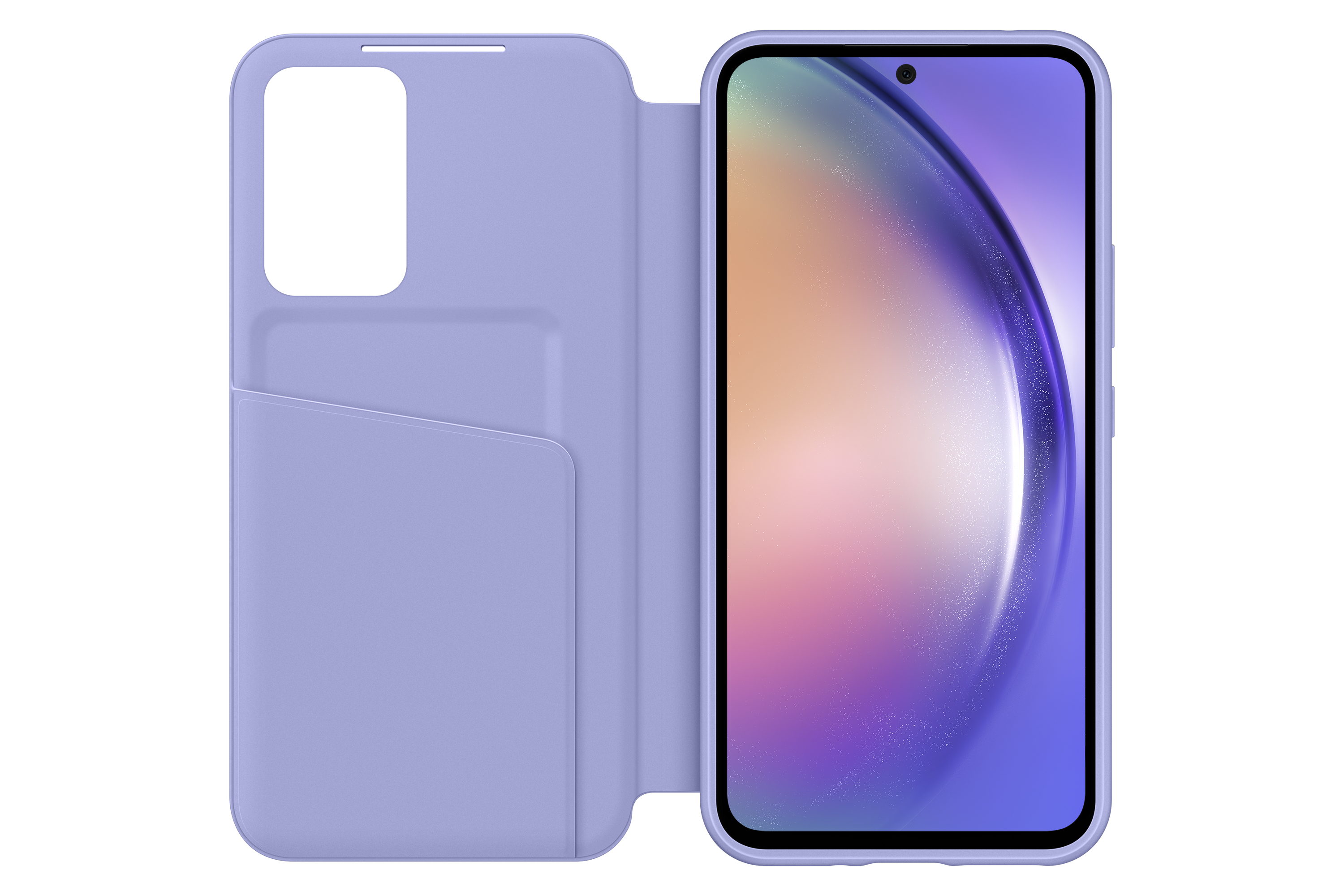 Funda de teléfono lavanda abierta con teléfono dentro. La pantalla tiene diseño azul.
