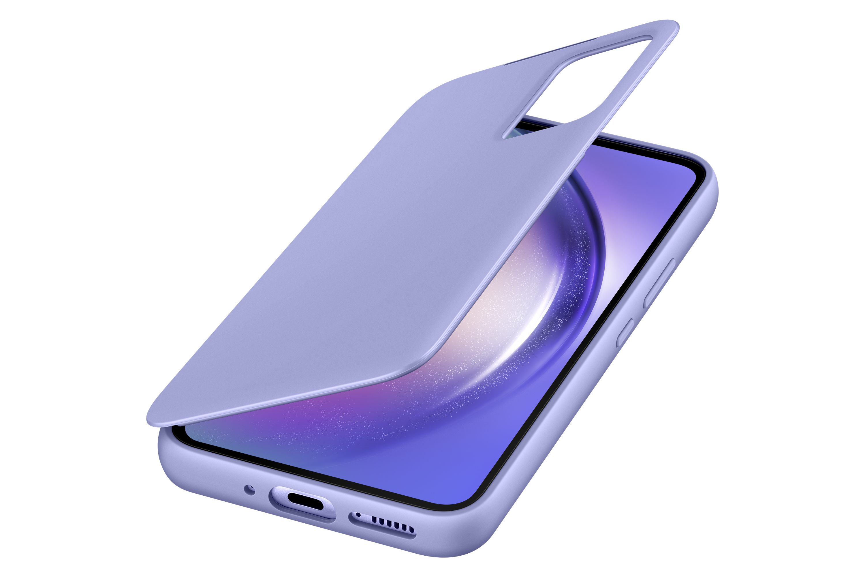 Una funda de teléfono morada se coloca sobre un teléfono morado, con un fondo blanco.