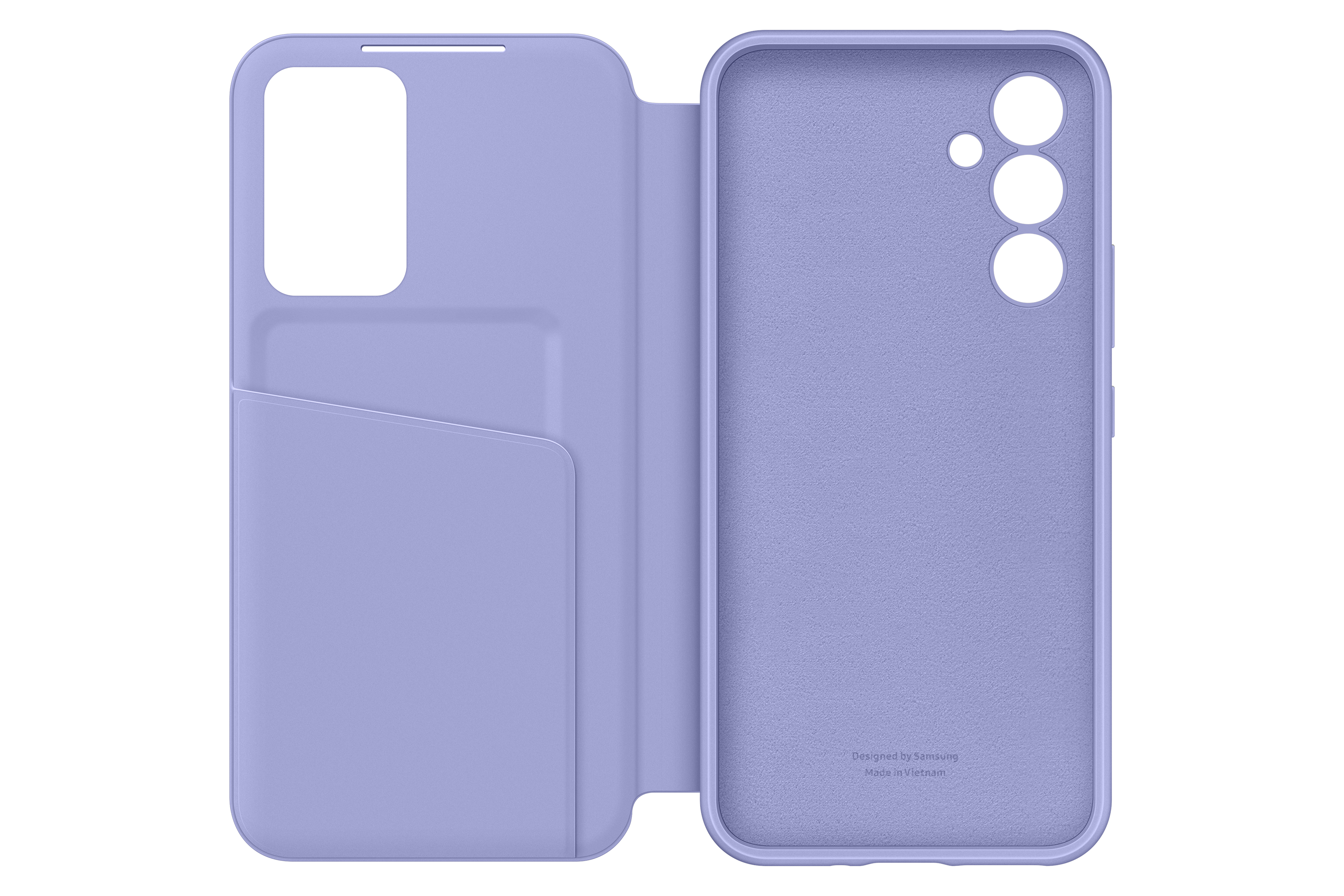 Una funda de teléfono Samsung lila claro, abierta, mostrando el interior y la ranura.