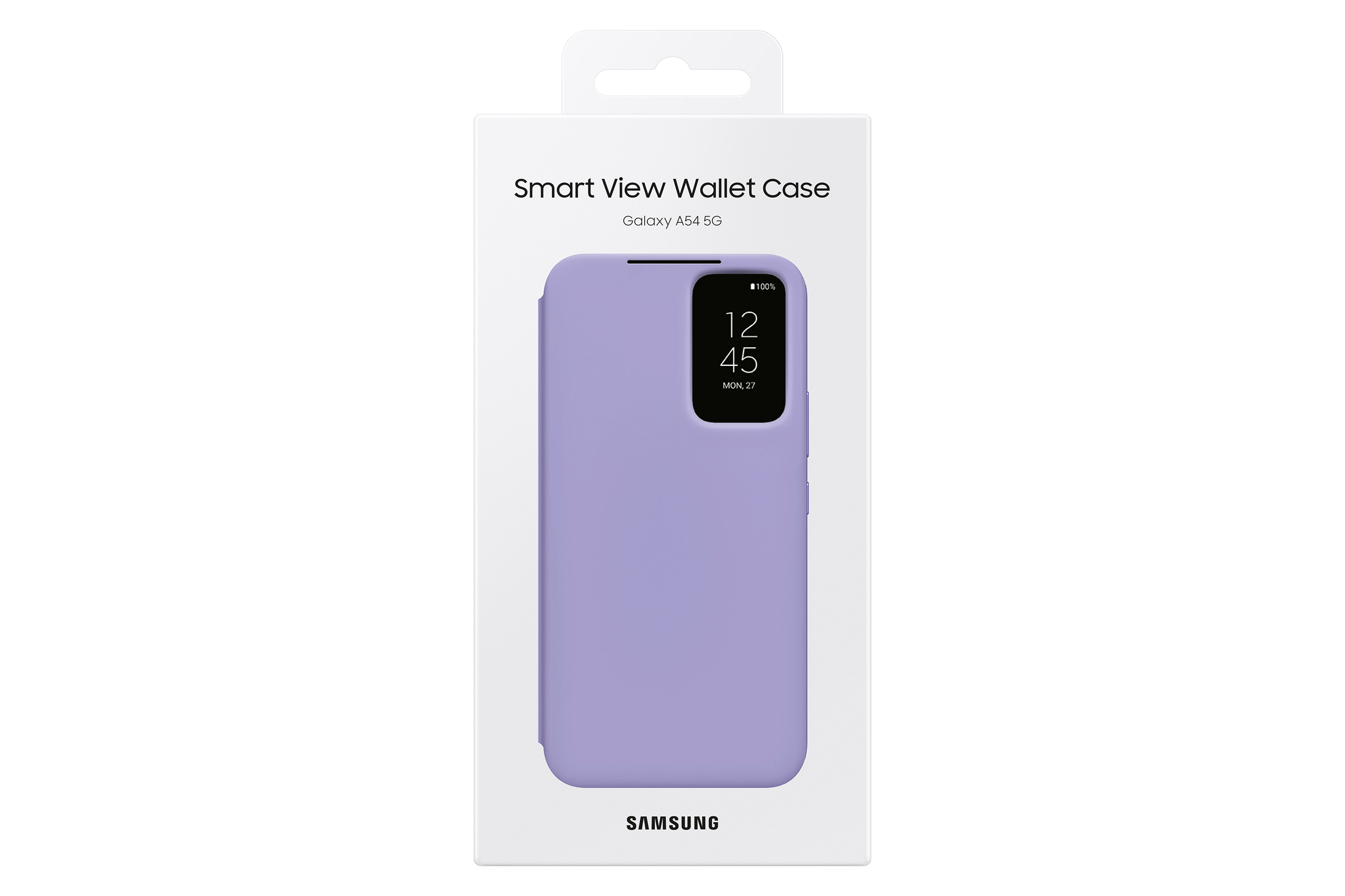 Se muestra una funda Smart View Wallet Case lila para un Samsung Galaxy A54 5G en una caja blanca.