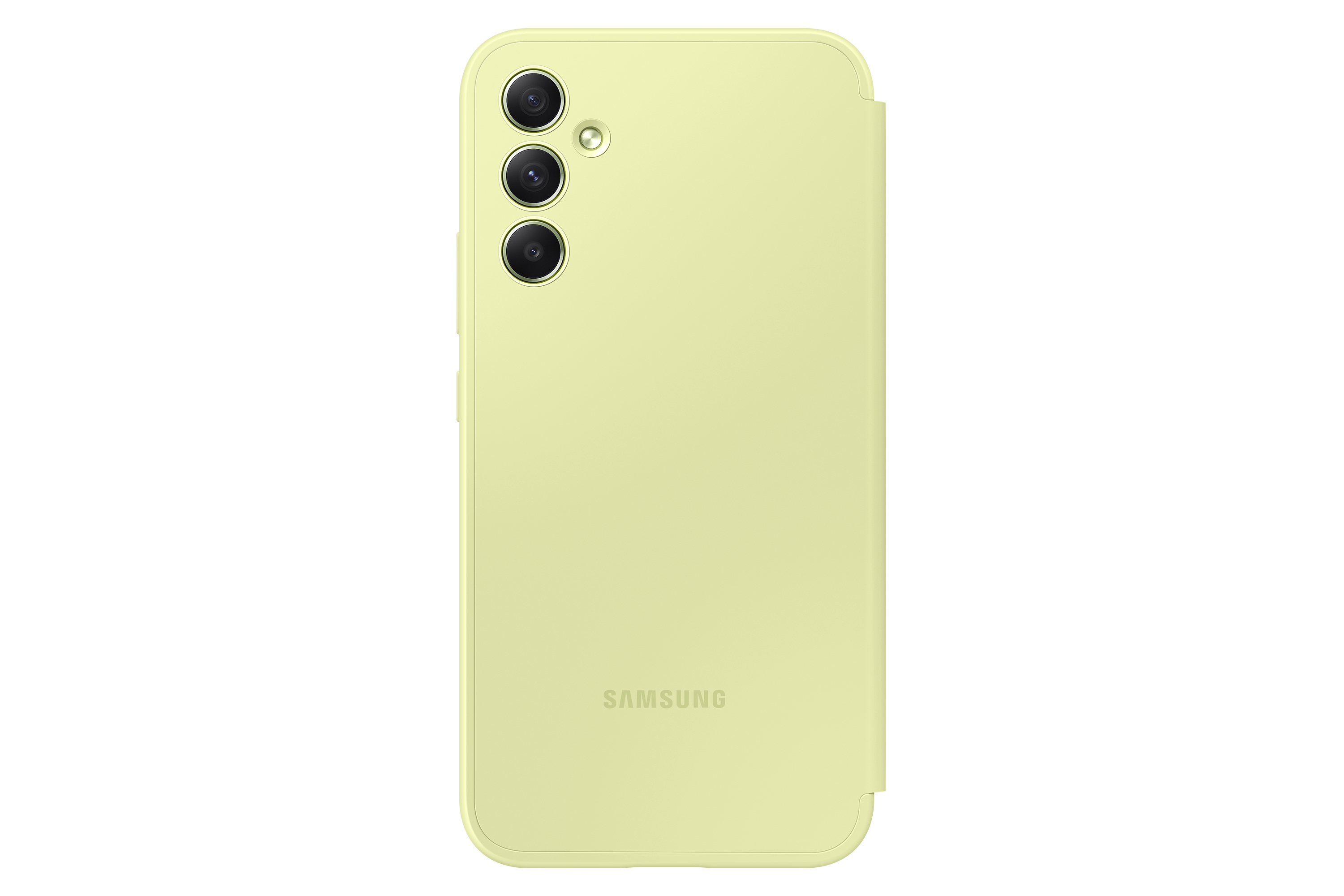 Funda de teléfono amarillo pálido con recorte de cámara, logo Samsung y acabado liso.