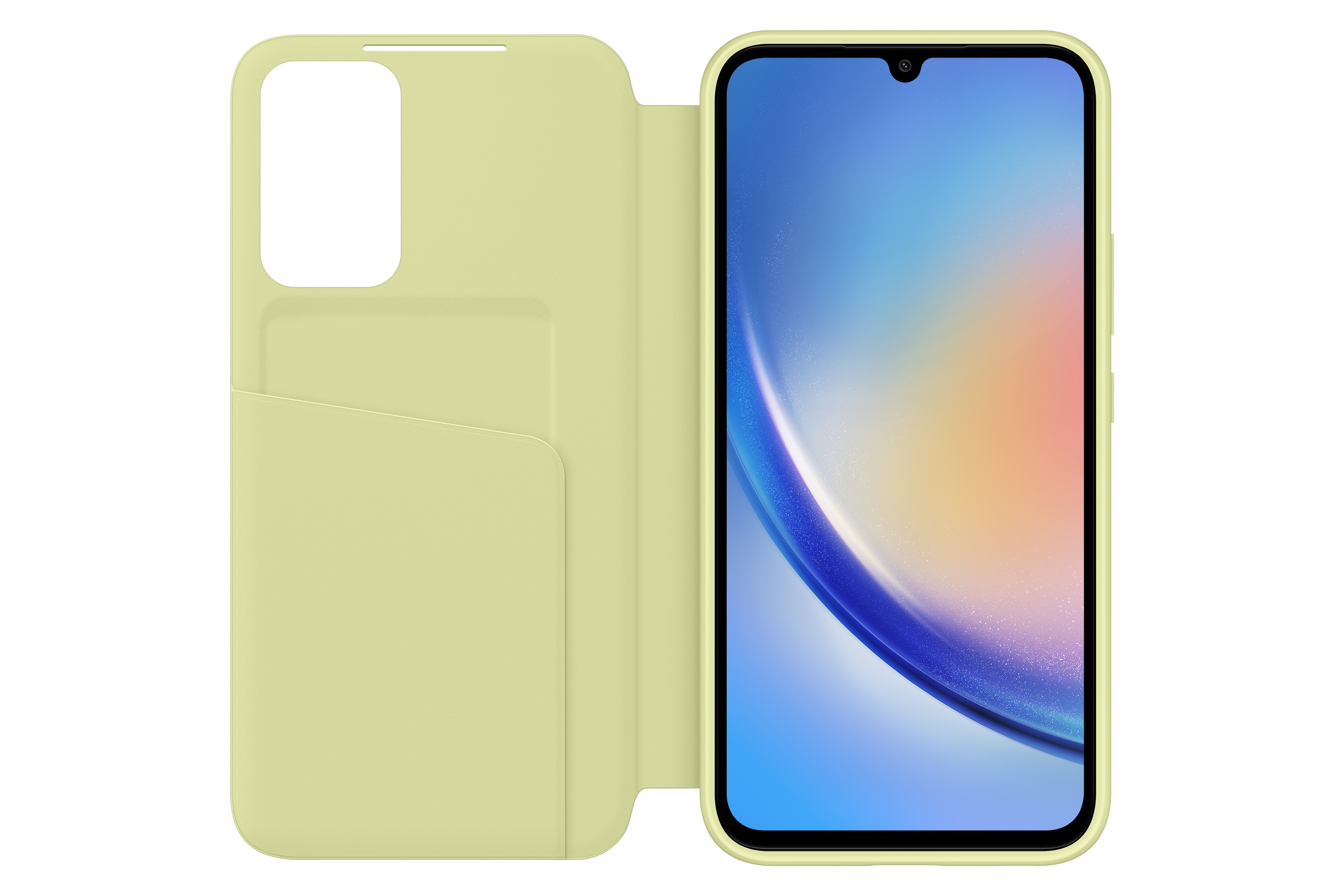 Funda de teléfono abierta con teléfono dentro. La pantalla del teléfono es visible.