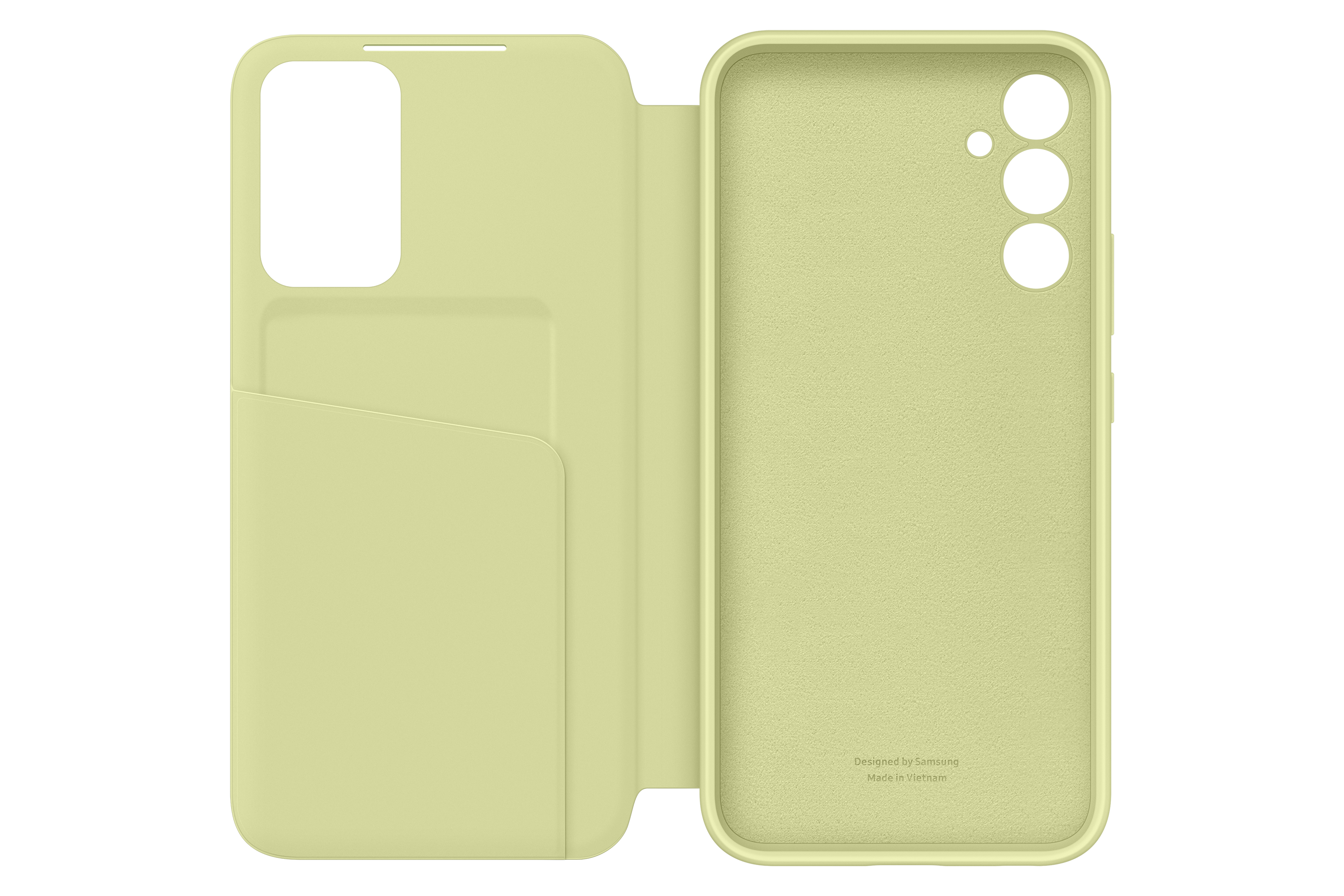 Funda de teléfono verde claro abierta. El interior muestra la ranura para el teléfono y el texto Designed by Samsung.