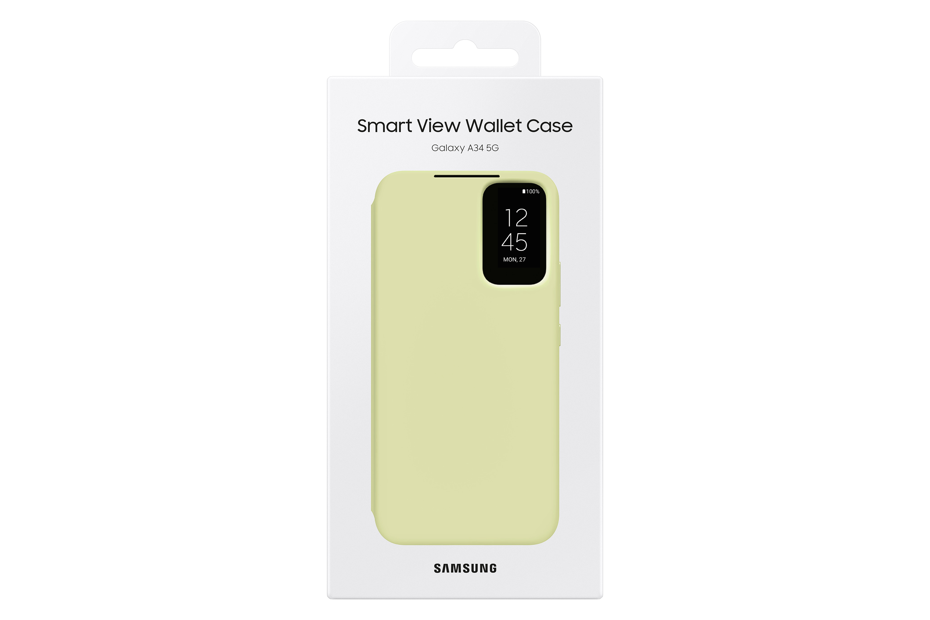 Una funda de teléfono verde claro en una caja blanca. Es una funda Smart View Wallet.