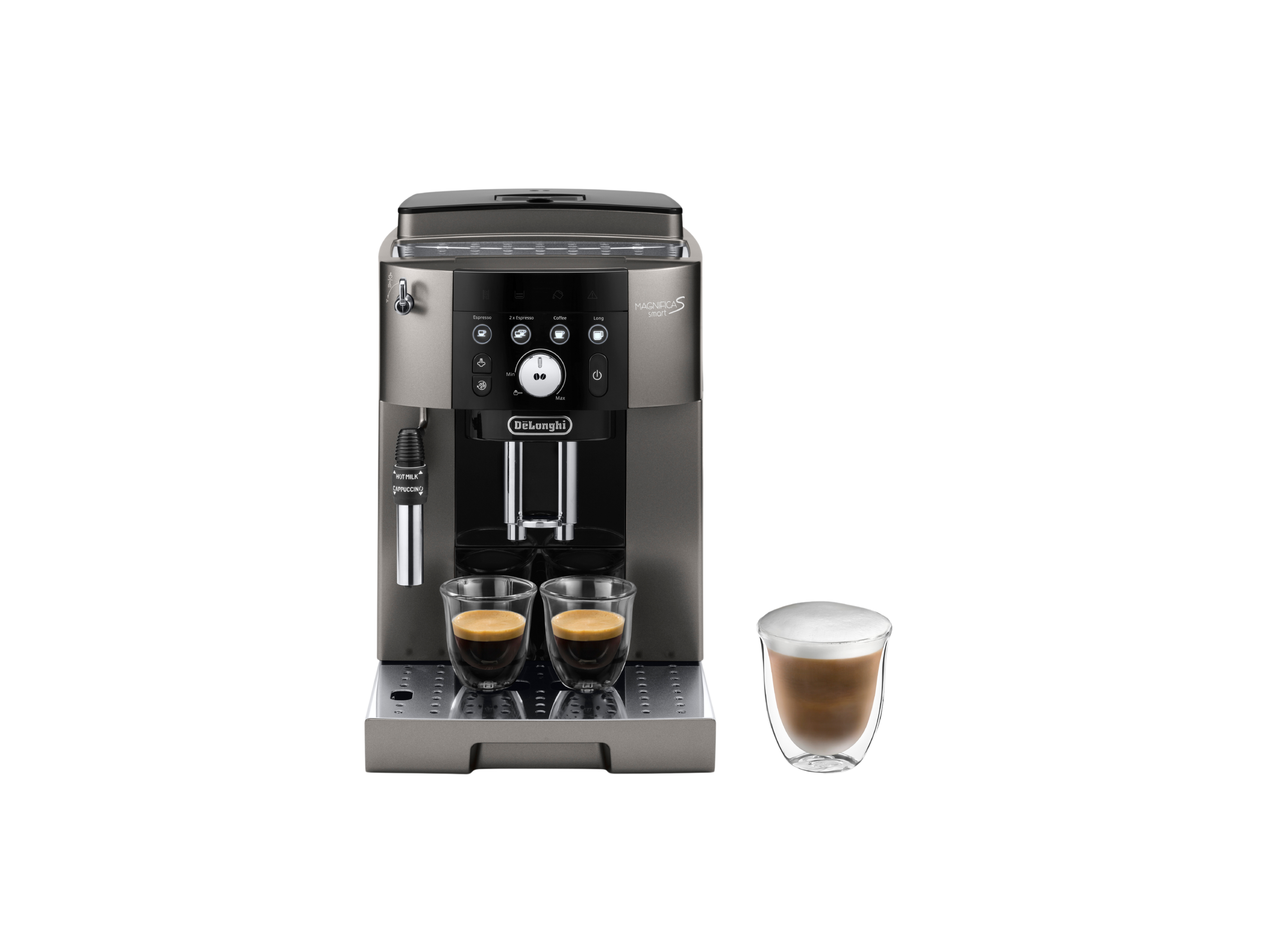 Máquina de espresso DeLonghi Magnifica S. Dos vasos con café, uno con espuma de leche.
