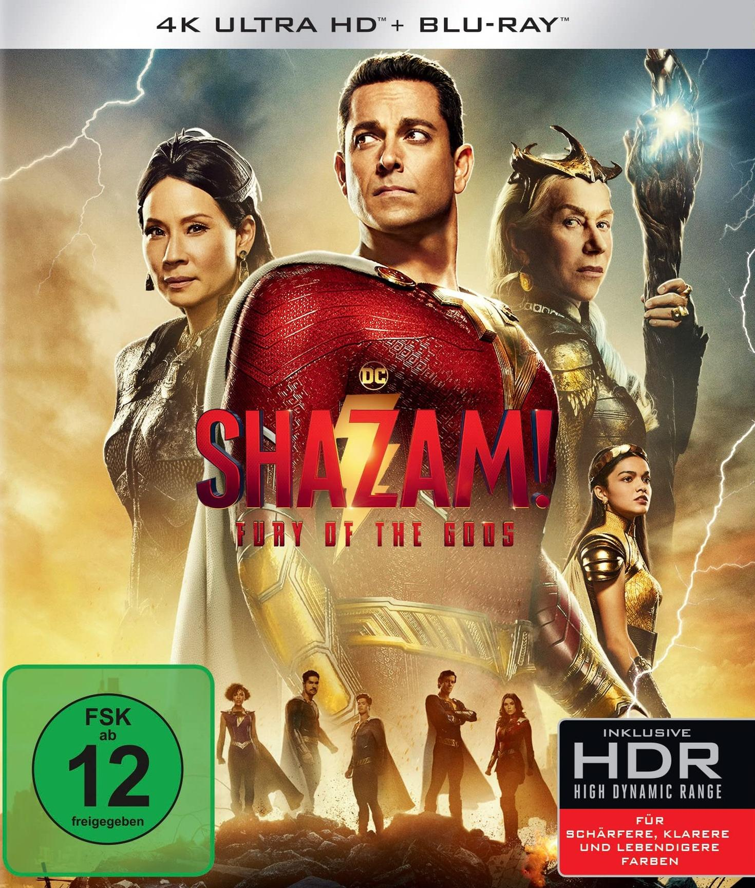 Shazam! Fury of the Gods Blu-ray-Cover. Enthält Hauptdarsteller und Shazam. Das Cover hat ein grünes Rating-Logo.