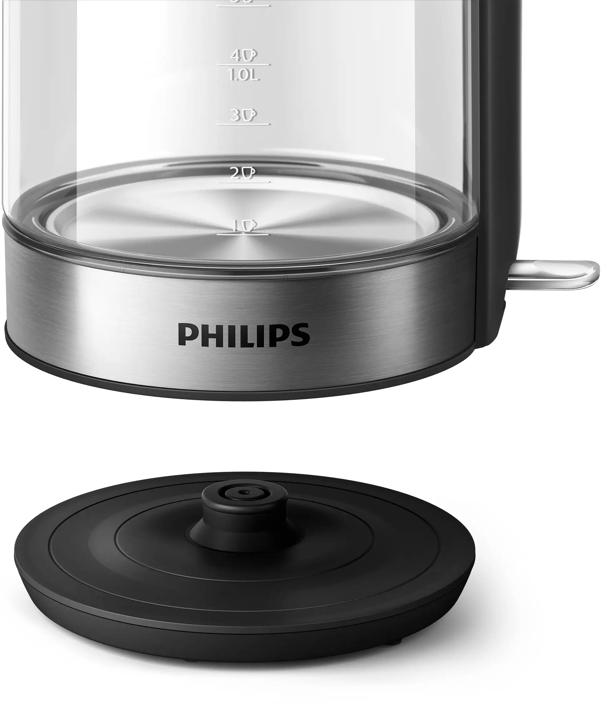 Egy ezüst és fekete Philips vízforraló, leválasztott talppal, fehér felületen.