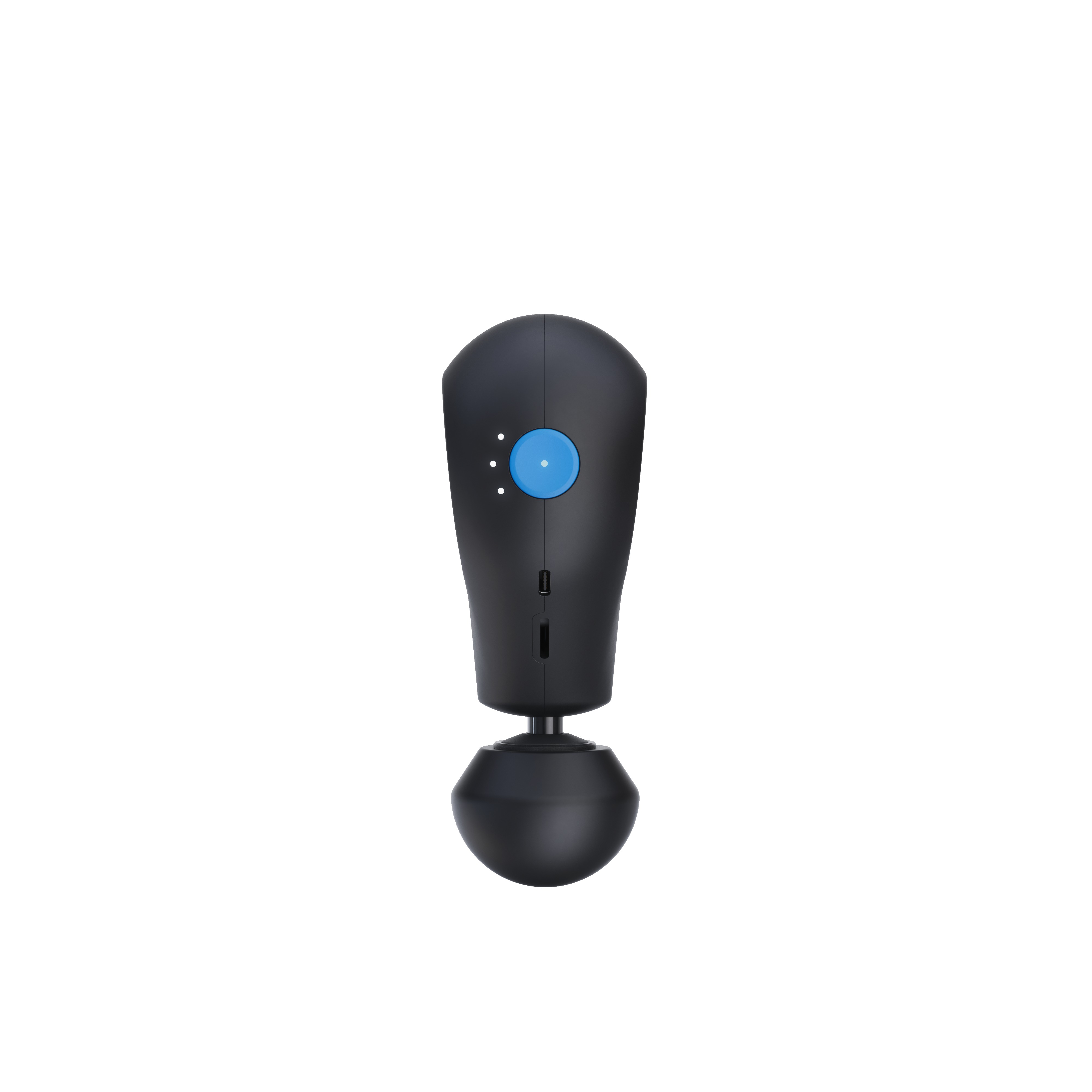 Schwarze Massagepistole. Es hat einen blauen Knopf und einen schwarzen Kugelaufsatz.