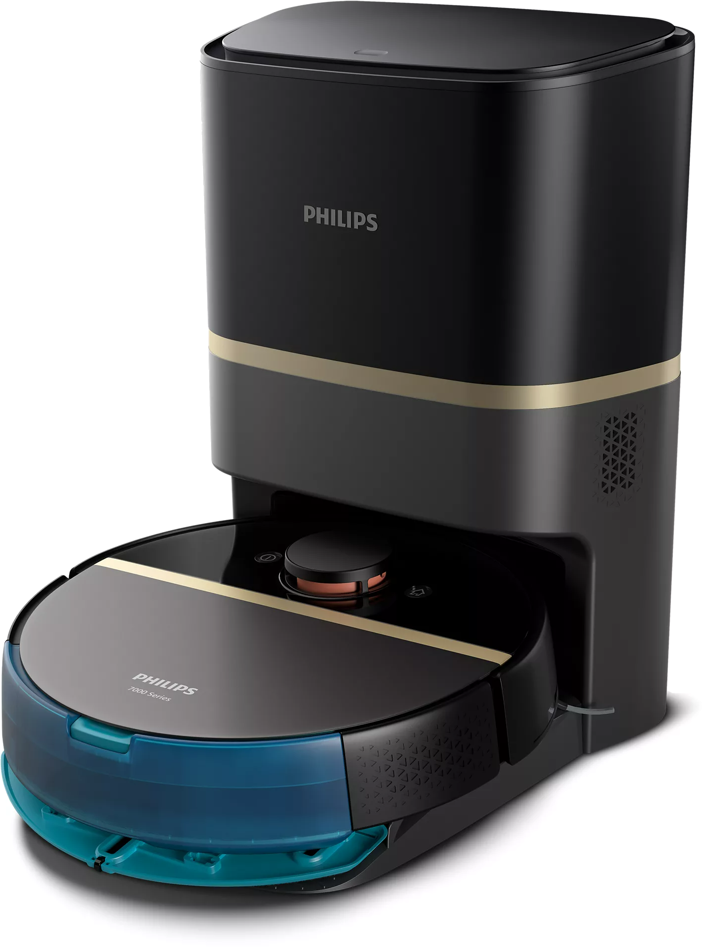 Fekete Philips robotporszívó töltőállomással.