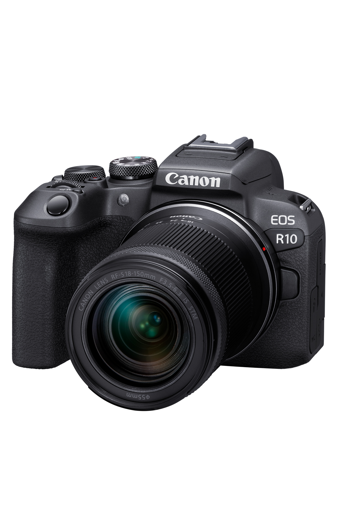 Beyaz bir arka plan üzerinde izole edilmiş bir lensli siyah Canon EOS R10 kamera.