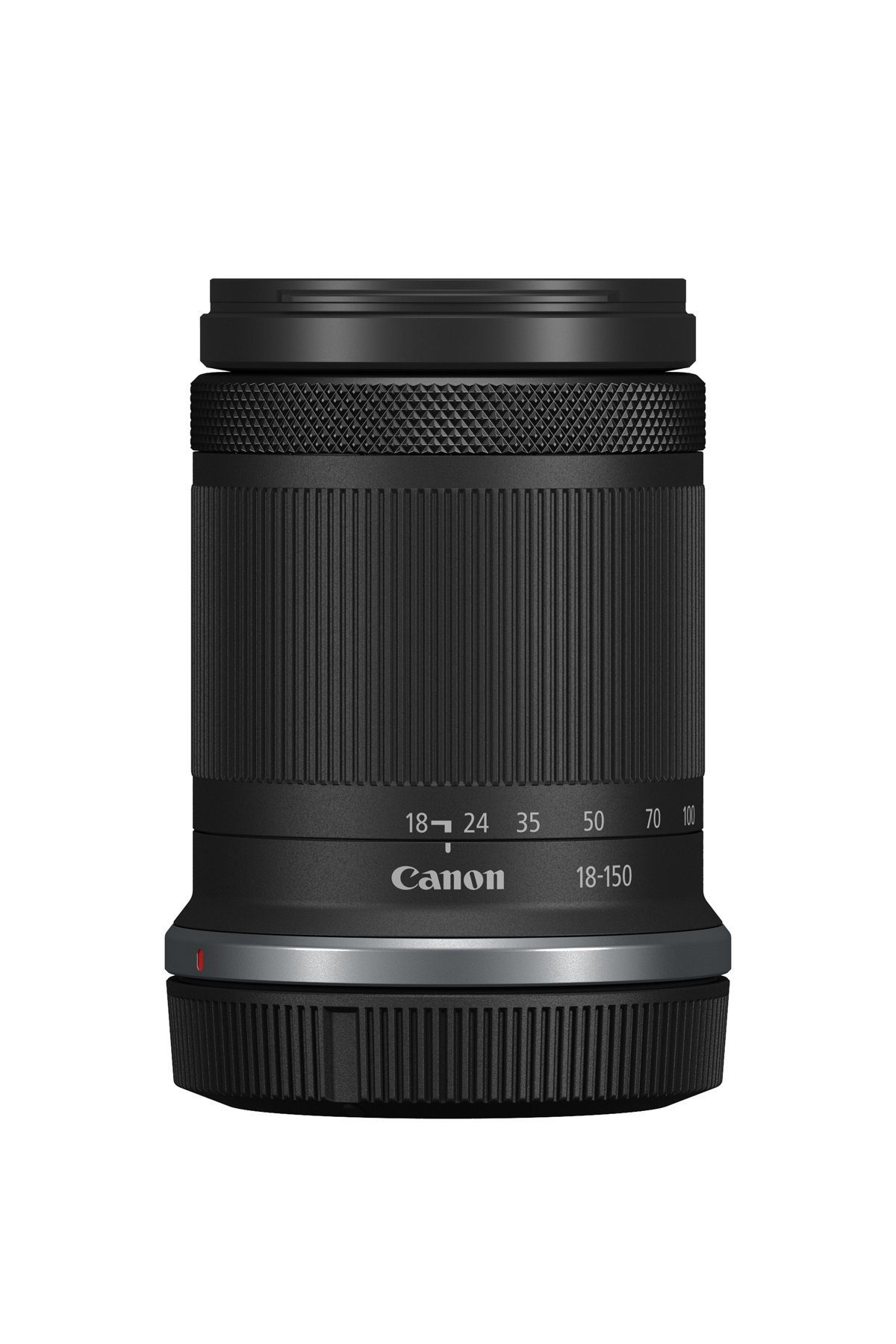 Canon 18-150mm siyah kamera lensi, üzerinde sayılar ve Canon yazısı.