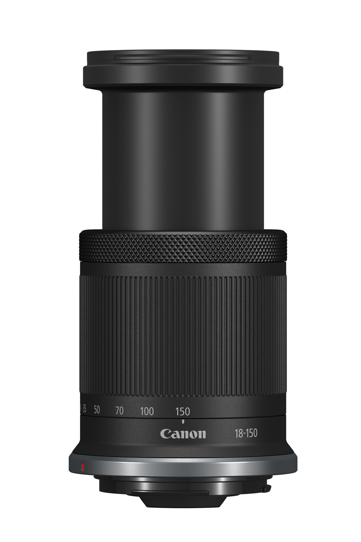 Siyah Canon lens. Yakınlaştırma halkası ve odak uzaklığı işaretleri olan silindirik bir gövdeye sahip.