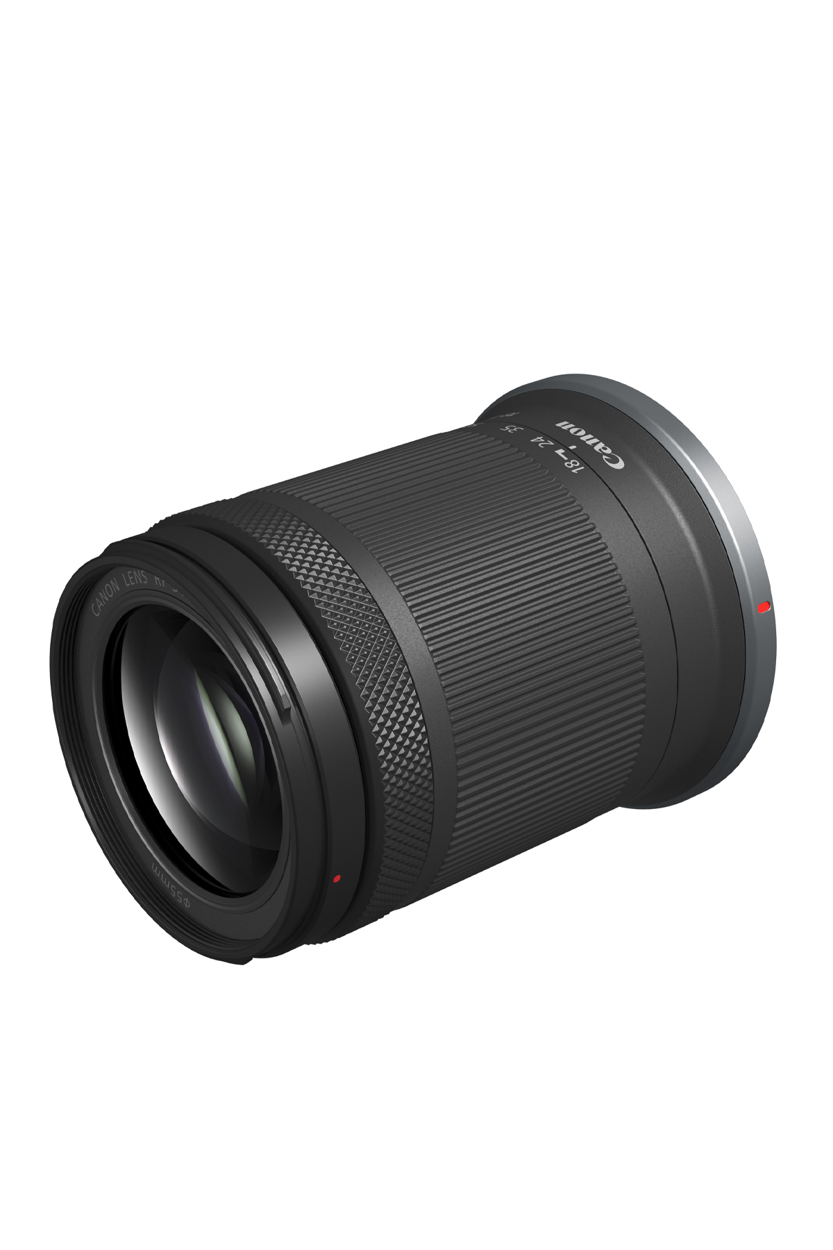 Canon logosu olan siyah kamera merceği. Oluklu bir dokusu var. Beyaz zemin.
