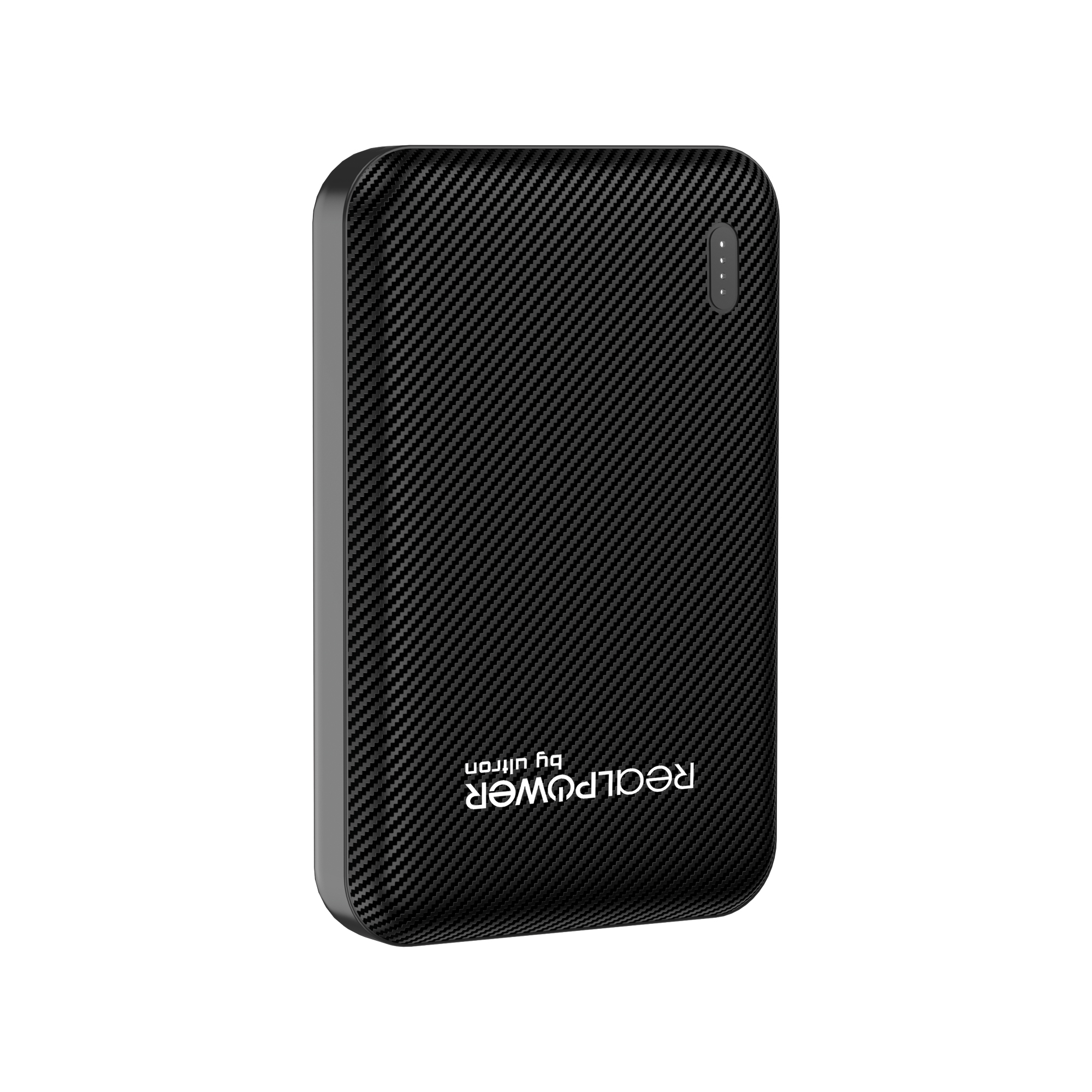 Schwarze Powerbank mit Karbonfasertextur. Sie hat einen grauen Rahmen und drei kleine Kontrollleuchten oben.