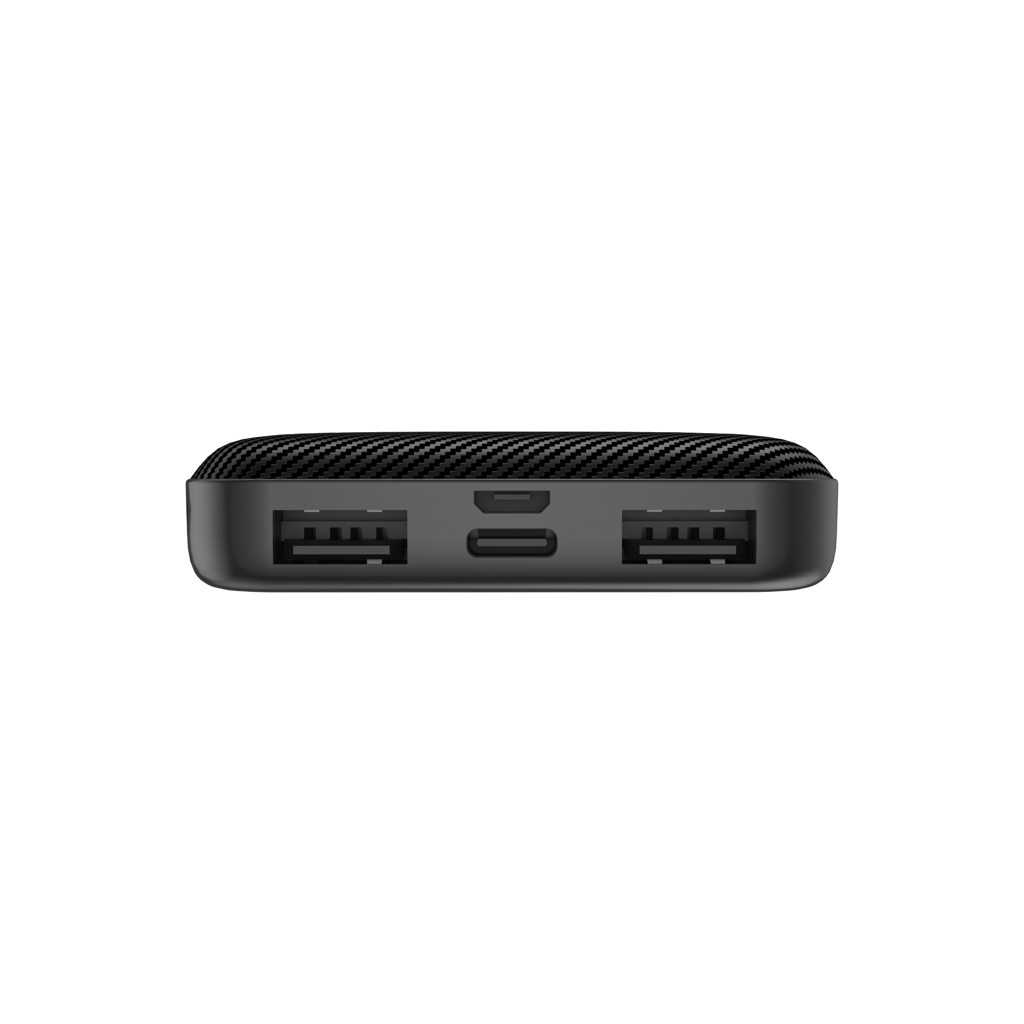 Schwarze Powerbank mit zwei USB-Anschlüssen und einem USB-C-Anschluss. Kohlefasertextur.