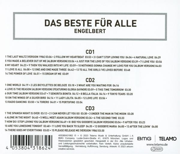 Ein CD-Cover mit Songtiteln und Titellaufzeiten in drei Spalten, mit Barcode und Logo unten.