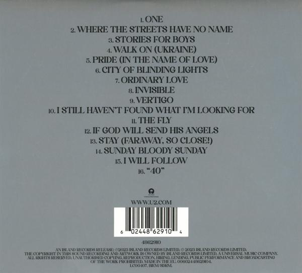 Ein CD-Cover mit einer Titelliste. Der Hintergrund ist grau.