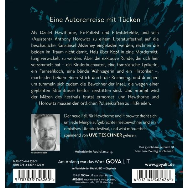 Buchcover mit Text über eine Detektivgeschichte. Enthält Autorenfoto und Buchdetails.