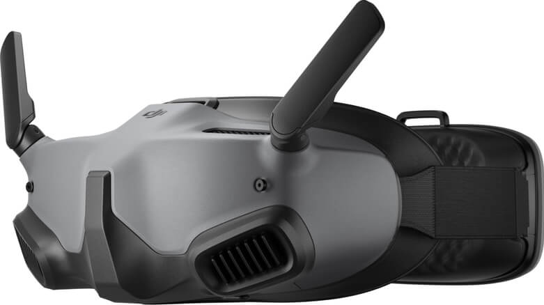 Casque VR, vue aérienne. Il est gris et noir avec des antennes.
