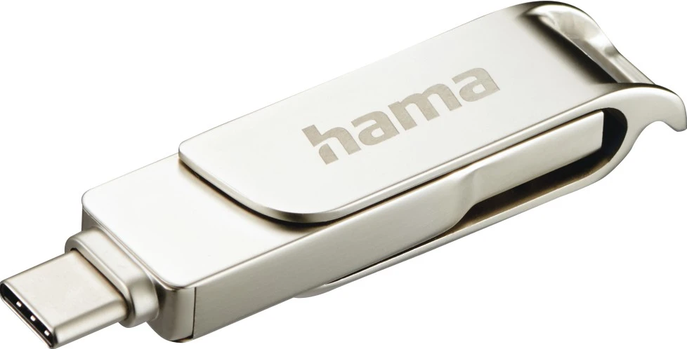 Une clé USB-C argentée avec le mot "hama" gravé dessus.