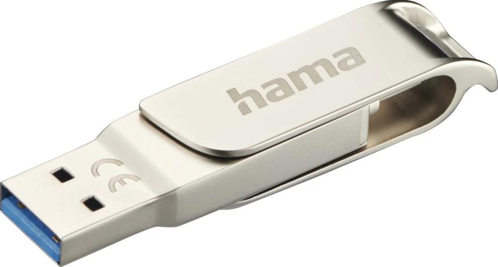 Une clé USB Hama argentée, avec le logo visible.