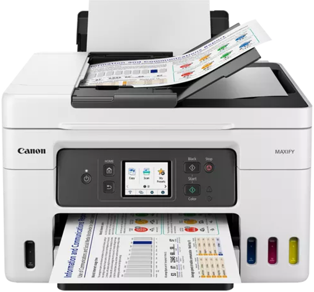 Stampante Canon con coperchio aperto e pagine stampate.