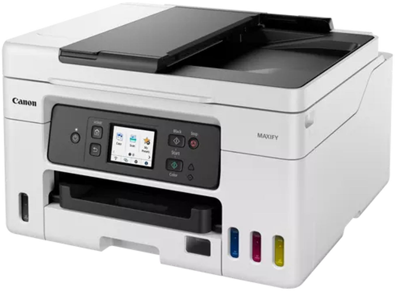 Stampante Canon MAXIFY bianca con cartucce d'inchiostro a colori e schermo.