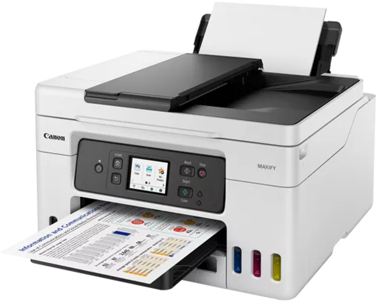 Stampante Canon MAXIFY bianca che stampa un documento.