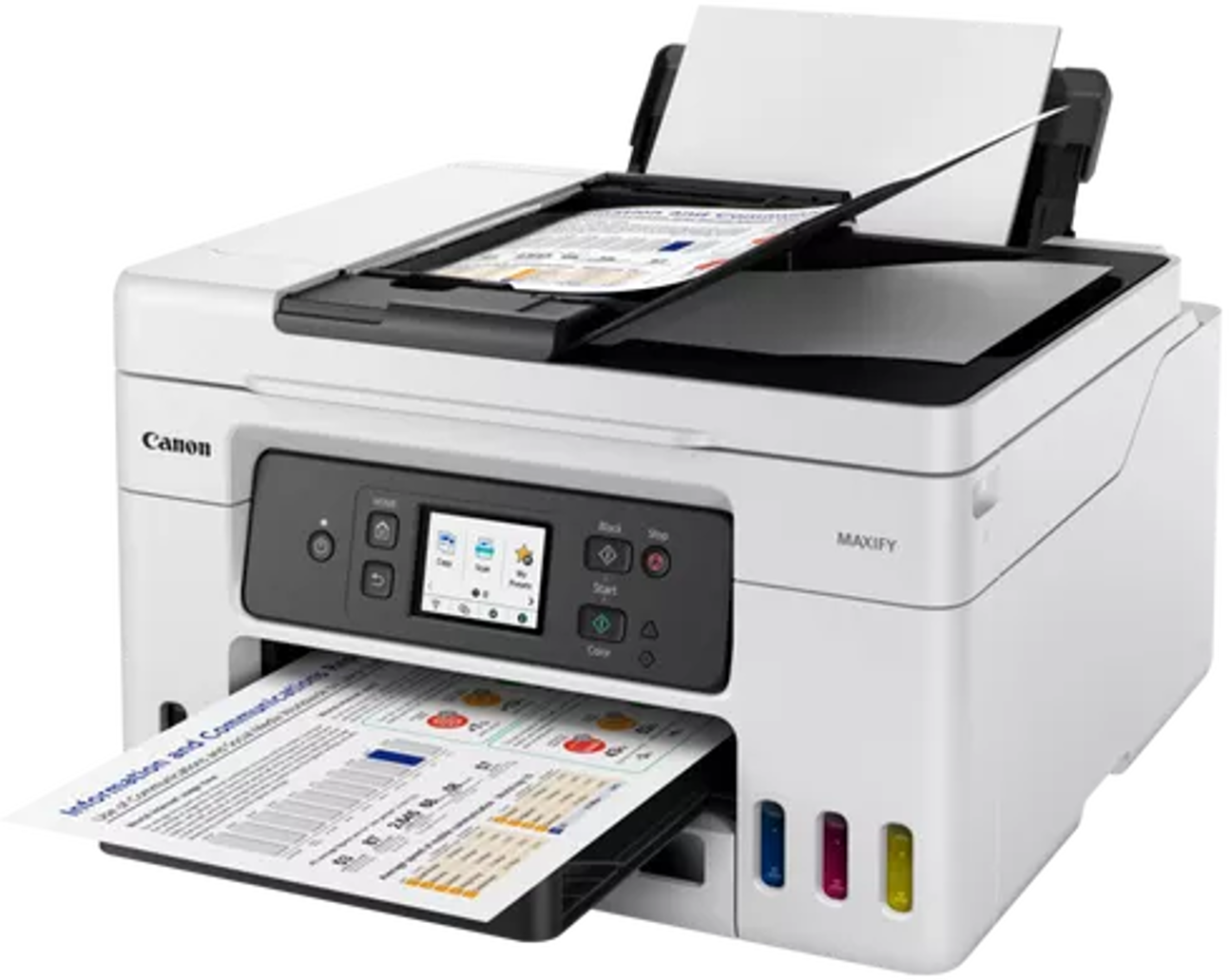 Stampante Canon Maxify che stampa documenti. Vassoio carta visibile, con cartucce d'inchiostro laterali.