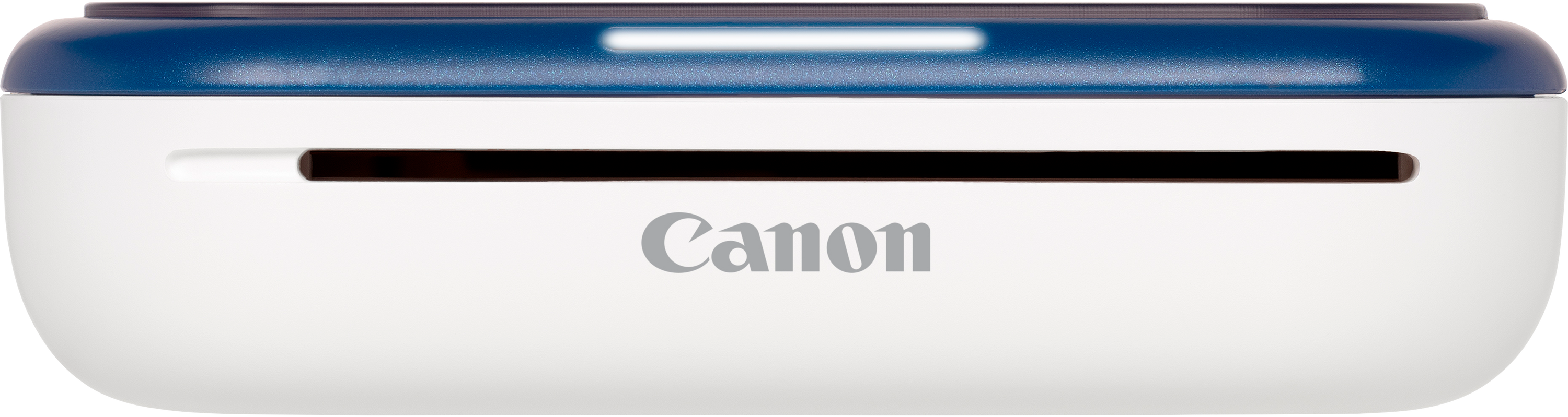 Stampante Canon bianca e blu. La parola 'Canon' è stampata sul fronte.