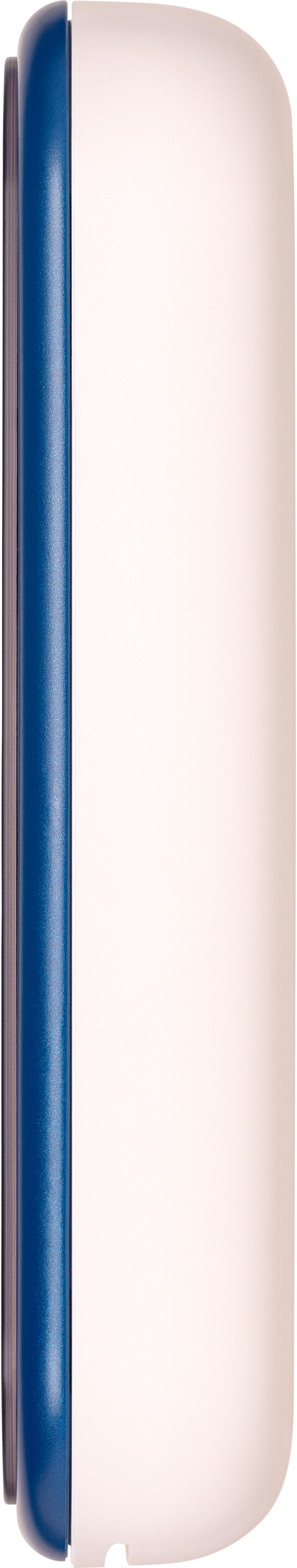 Un dispositivo rettangolare bianco e blu, forse un dispositivo intelligente o un gadget.