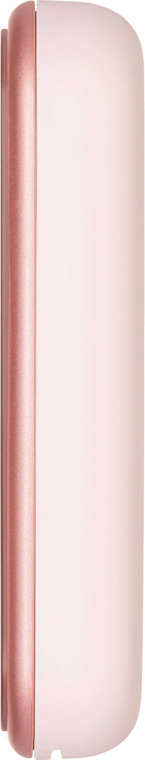Un dispositivo rosa e oro rosa, forse un prodotto di bellezza o un accessorio tecnologico, visto lateralmente.